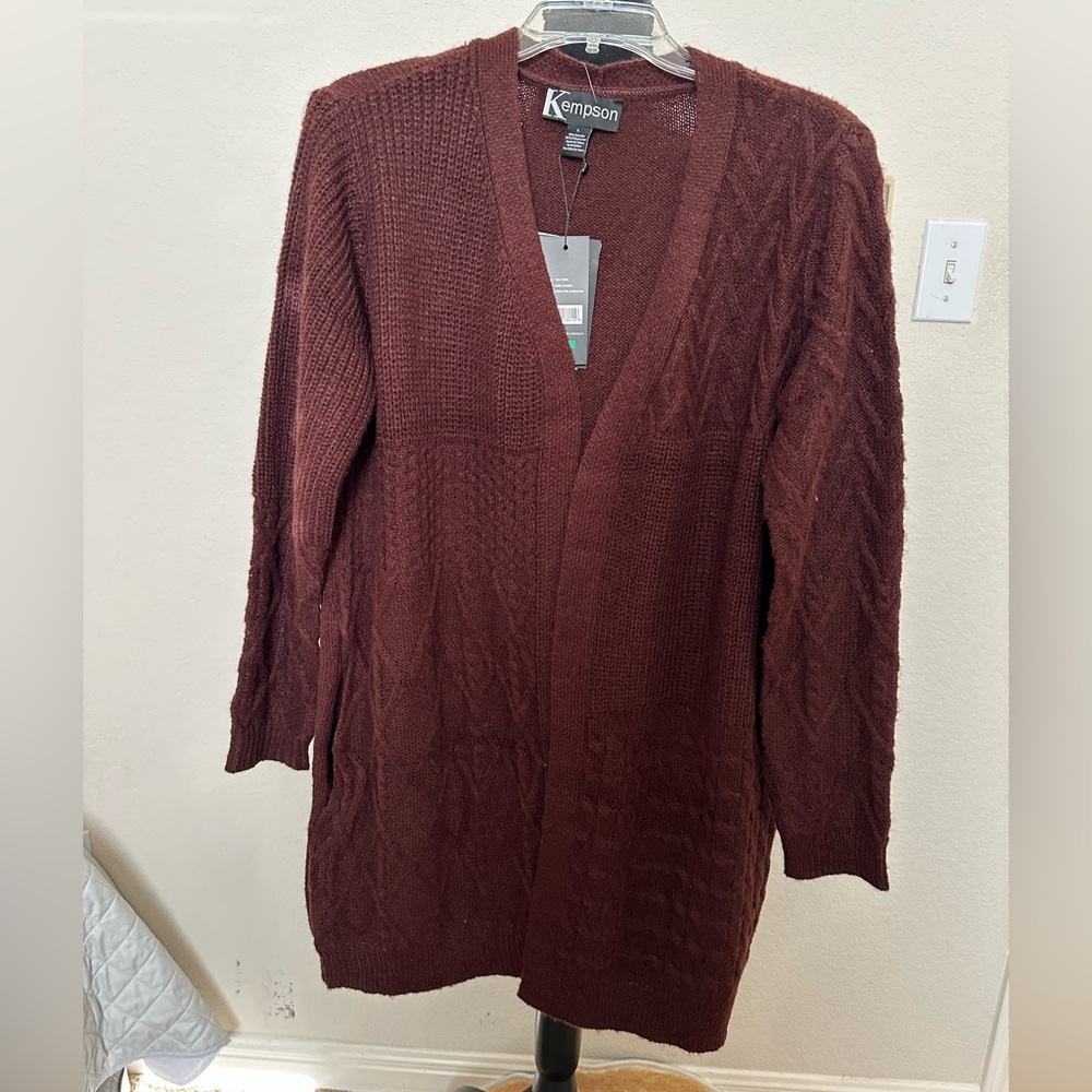 Women's Size L Burgundy Cable Knit Pocketed‎ Open Front Midi Cardigan. NWT
